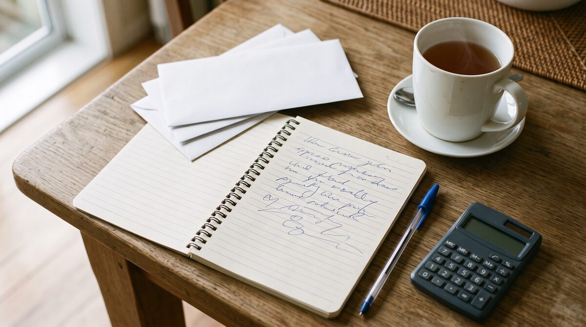 Kitchen table with a notepad, pen, calculator and cup of tea, set up to list debts and make a plan