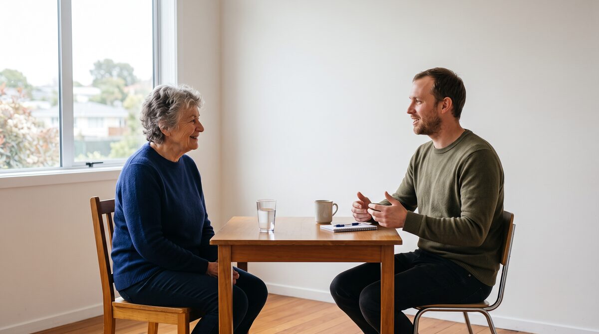 A financial mentor talking with a person at a table in a New Zealand community centre